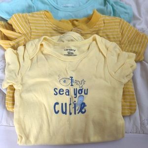 3 cotton bodysuits, ages 6 to 12 months & 12 months